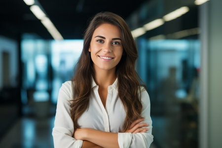 Portrait of beautiful businesswoman standing with arms crossed in modern officeの素材