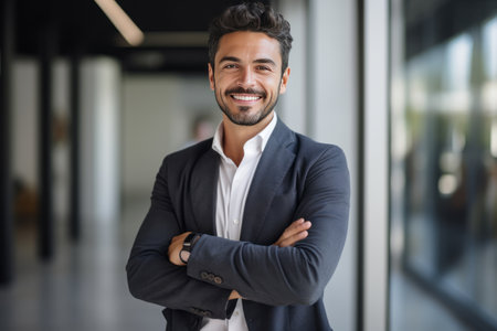 Portrait of smiling businessman standing with arms crossed in office. Success in business concept.の素材