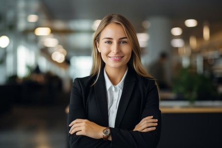 Portrait of smiling businesswoman standing with arms crossed in modern officeの素材