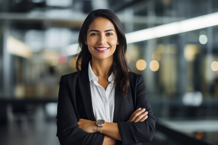 Portrait of smiling businesswoman standing with arms crossed in modern officeの素材