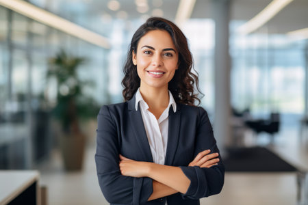 Portrait of smiling businesswoman standing with arms crossed in modern officeの素材