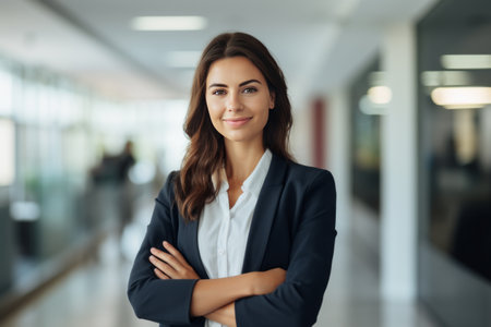Portrait of confident young businesswoman standing with arms crossed in officeの素材