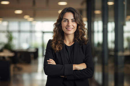 Portrait of smiling businesswoman standing with arms crossed in modern officeの素材