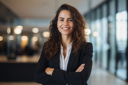 Portrait of smiling businesswoman standing with arms crossed in office corridorの素材
