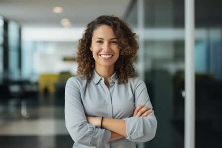 Portrait of smiling businesswoman standing with arms crossed in corridor of officeの素材