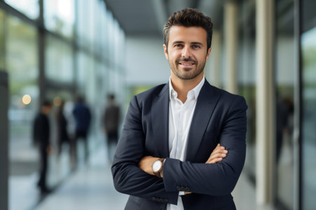 Portrait of confident young businessman standing with arms crossed in modern officeの素材