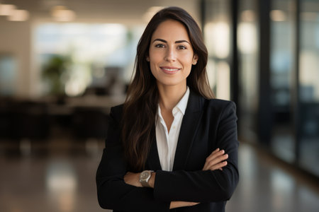 Portrait of smiling businesswoman standing with arms crossed in modern officeの素材