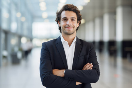 Portrait of confident businessman standing with arms crossed in corridor of officeの素材