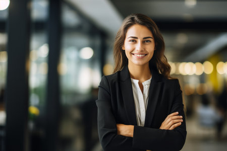 Portrait of smiling businesswoman standing with arms crossed in modern officeの素材