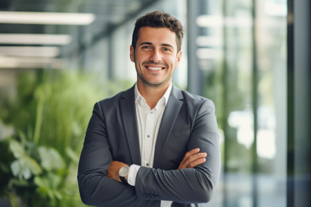 Portrait of a smiling businessman standing with arms crossed in the officeの素材