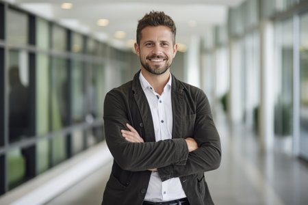 Portrait of smiling businessman standing with arms crossed in corridor at officeの素材