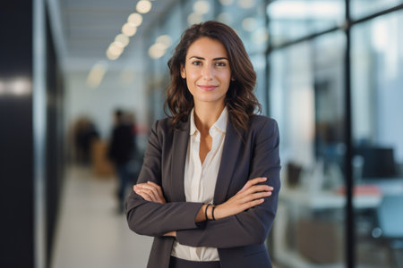 Portrait of confident businesswoman standing with arms crossed in corridor of officeの素材