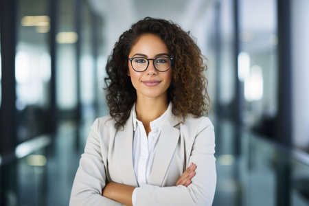 Portrait of smiling businesswoman standing with arms crossed in office corridorの素材