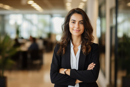 Portrait of smiling businesswoman standing with arms crossed in office lobbyの素材