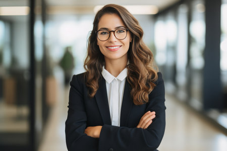 Portrait of smiling businesswoman in eyeglasses standing with arms crossed in officeの素材
