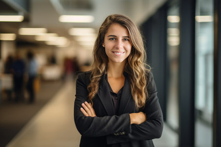 Portrait of a smiling businesswoman standing with arms crossed in officeの素材