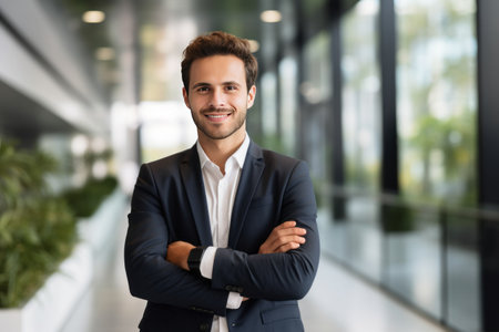 Portrait of handsome young businessman standing with arms crossed in office lobbyの素材