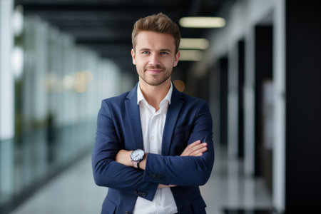 Portrait of a confident young businessman standing with arms crossed in officeの素材