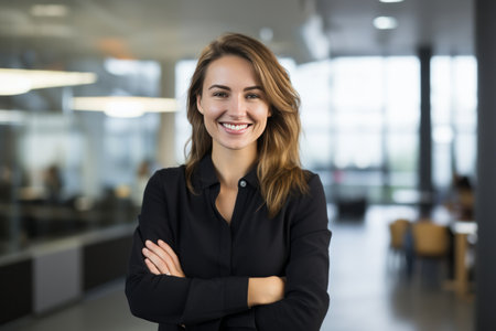 Portrait of smiling businesswoman standing with arms crossed in creative officeの素材