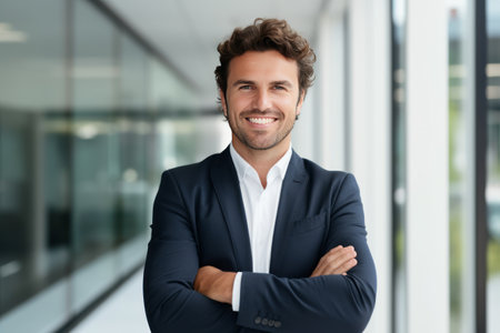 Portrait of smiling businessman standing with arms crossed in office. Success conceptの素材