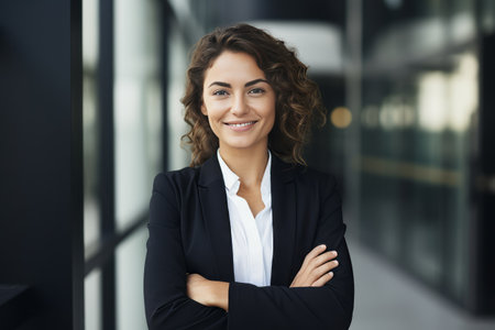 Portrait of smiling businesswoman standing with arms crossed in modern officeの素材