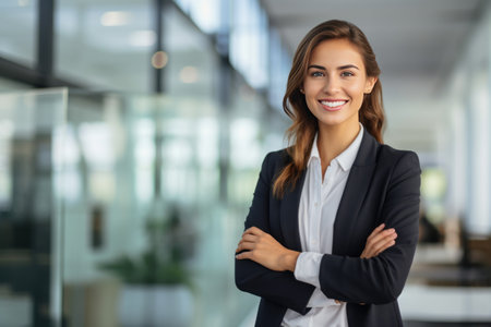 Portrait of a smiling business woman standing with arms crossed in officeの素材