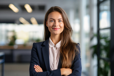 Portrait of a smiling businesswoman standing with arms crossed in officeの素材