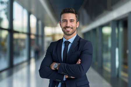 Portrait of happy businessman standing with arms crossed in modern office buildingの素材