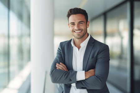 Portrait of a smiling young businessman standing with arms crossed in officeの素材