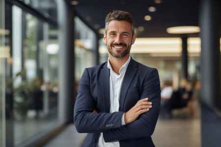 Portrait of a smiling businessman standing with arms crossed in the officeの素材