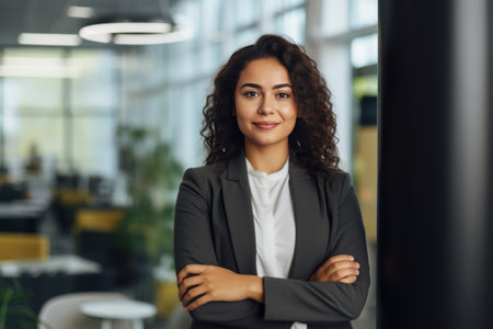 Portrait of a young businesswoman standing with arms crossed in officeの素材