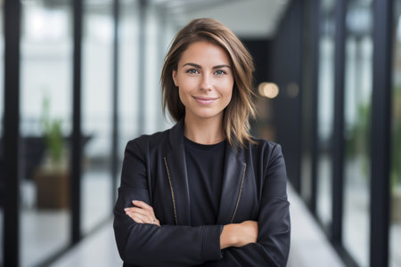 Portrait of confident businesswoman standing with arms crossed in modern officeの素材
