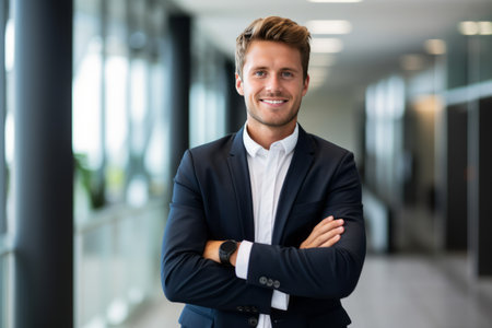 Portrait of a smiling businessman standing with arms crossed in office lobbyの素材