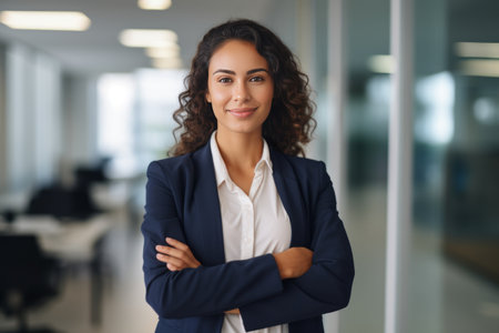 Portrait of smiling businesswoman standing with arms crossed in modern officeの素材