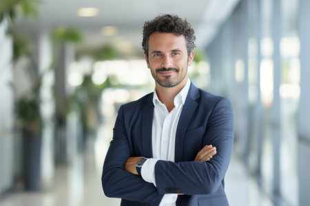 Portrait of confident businessman standing with arms crossed in corridor of officeの素材