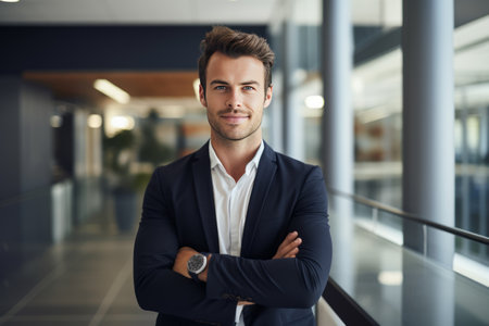 Portrait of confident young businessman standing with arms crossed in office lobbyの素材