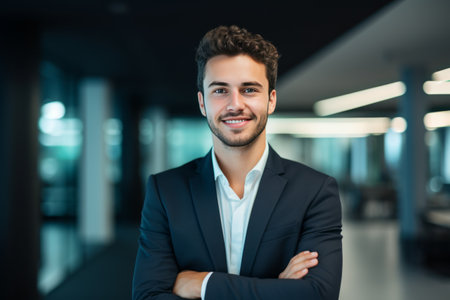 Portrait of smiling businessman standing with arms crossed in corridor at officeの素材