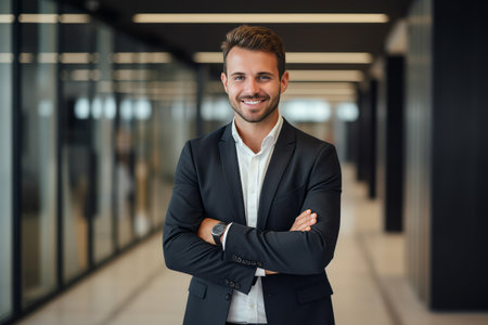 Portrait of a smiling businessman standing with arms crossed in office corridorの素材