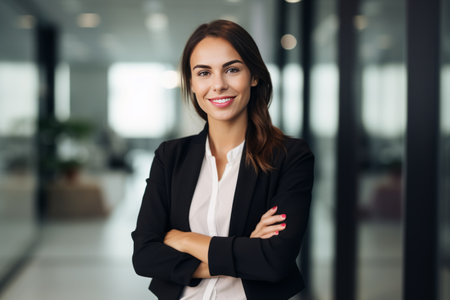 Portrait of smiling businesswoman standing with arms crossed in modern officeの素材