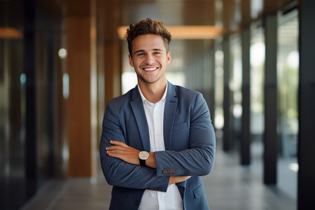 Portrait of a smiling young businessman standing with arms crossed in officeの素材