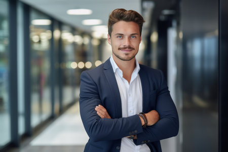 Portrait of confident young businessman standing with arms crossed in office corridorの素材