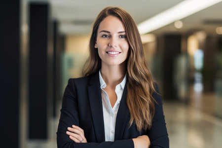 Portrait of smiling businesswoman standing with arms crossed in modern officeの素材