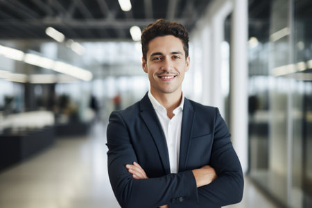 Portrait of a handsome young businessman standing with arms folded in officeの素材