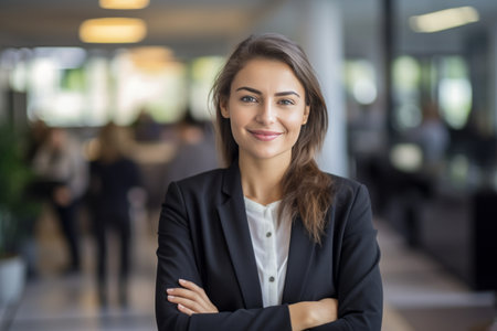 Portrait of smiling businesswoman standing with arms crossed in modern officeの素材