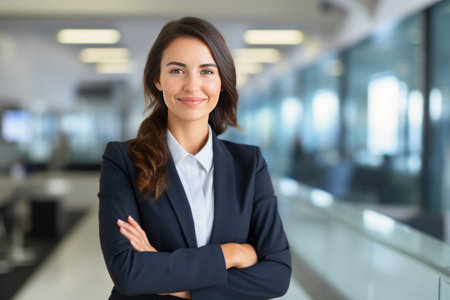 Portrait of a smiling businesswoman standing with arms crossed in officeの素材