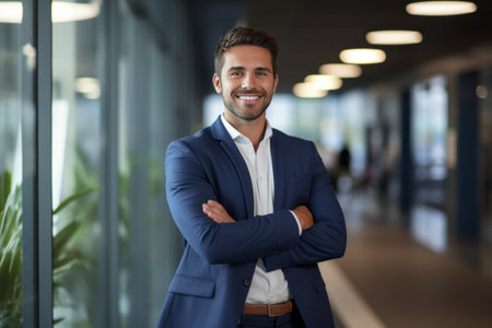 Portrait of a smiling businessman standing with arms crossed in the officeの素材