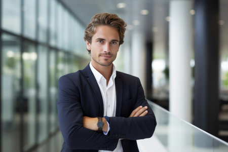 Portrait of confident businessman standing with arms crossed in modern office buildingの素材