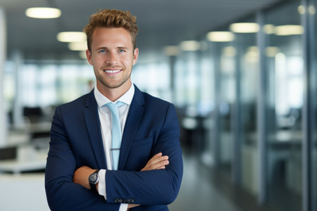 Portrait of smiling businessman standing with arms crossed in office. Successful business people conceptの素材
