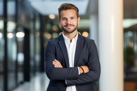 Portrait of confident young businessman standing with arms crossed in office lobbyの素材