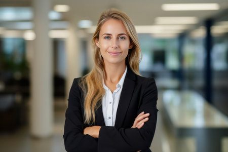 Portrait of a young businesswoman standing with arms crossed in officeの素材